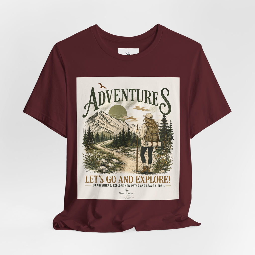 Adventures Hiking T-Shirt — "Let's Go and Explore" Vintage Outdoor Graphic Tee