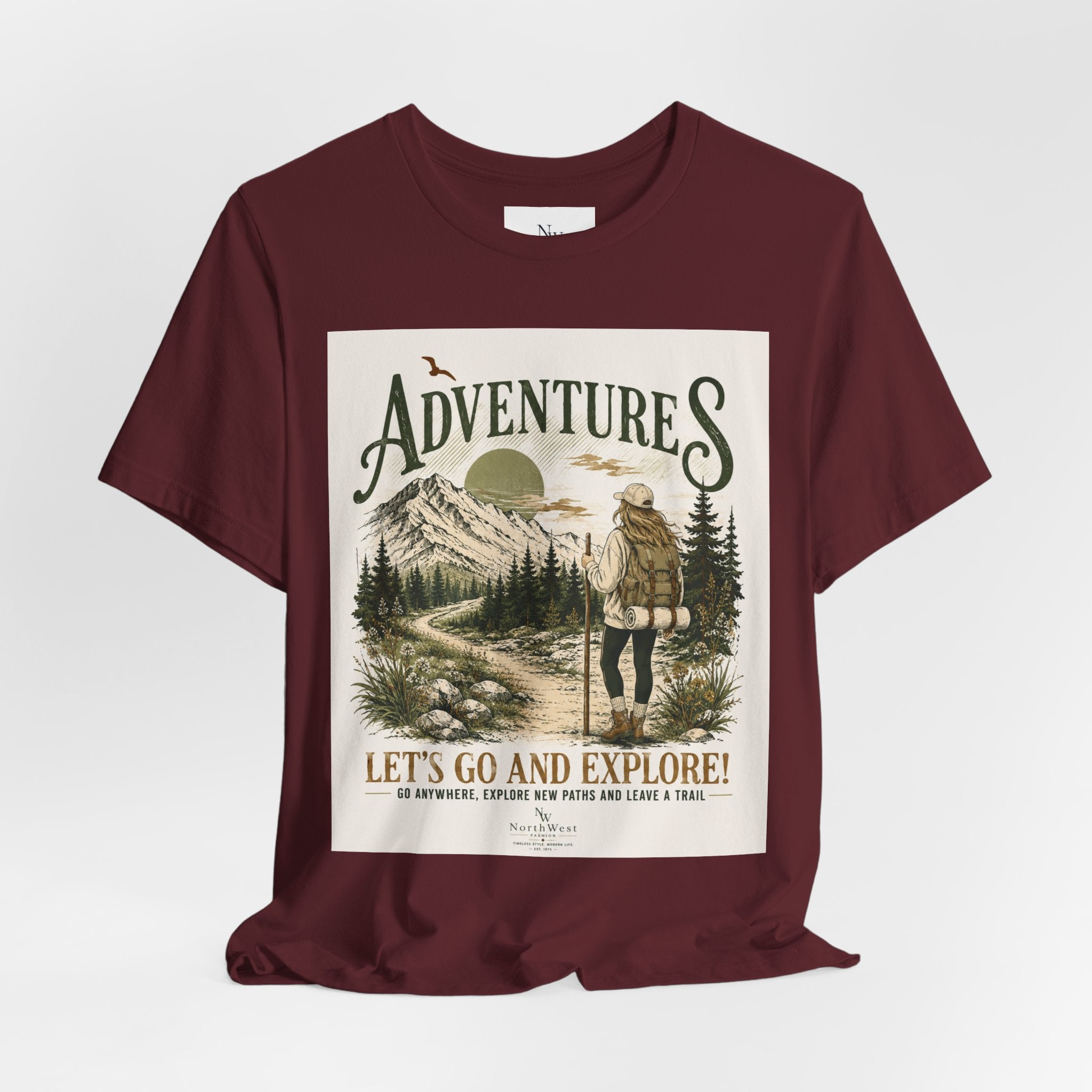 Adventures Hiking T-Shirt — "Let's Go and Explore" Vintage Outdoor Graphic Tee