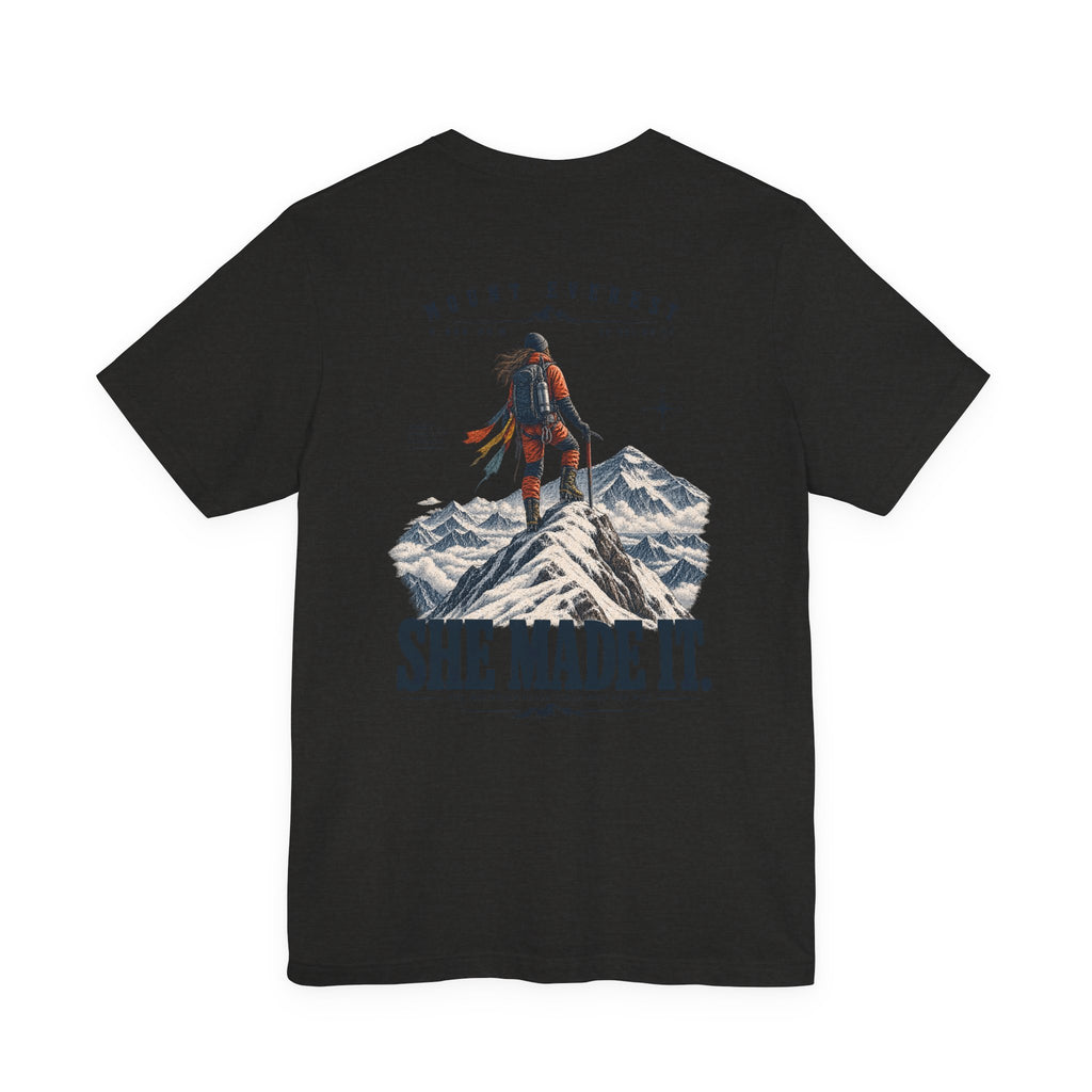 Everest Climber Tee — "She Made It" Mountain Summit Shirt (8848.86m)