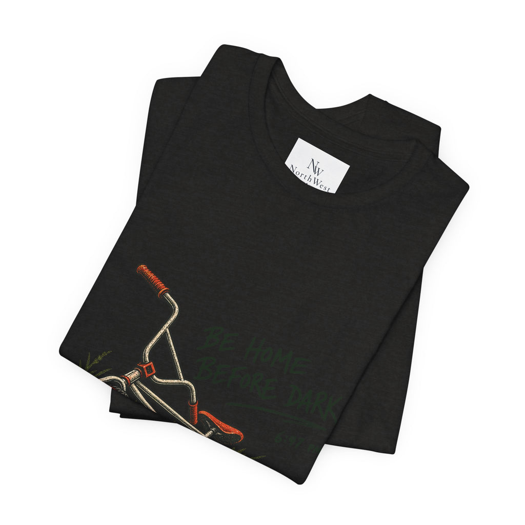 Be Home Before Dark T-Shirt — Vintage Kids Bike & Sunset Graphic Tee