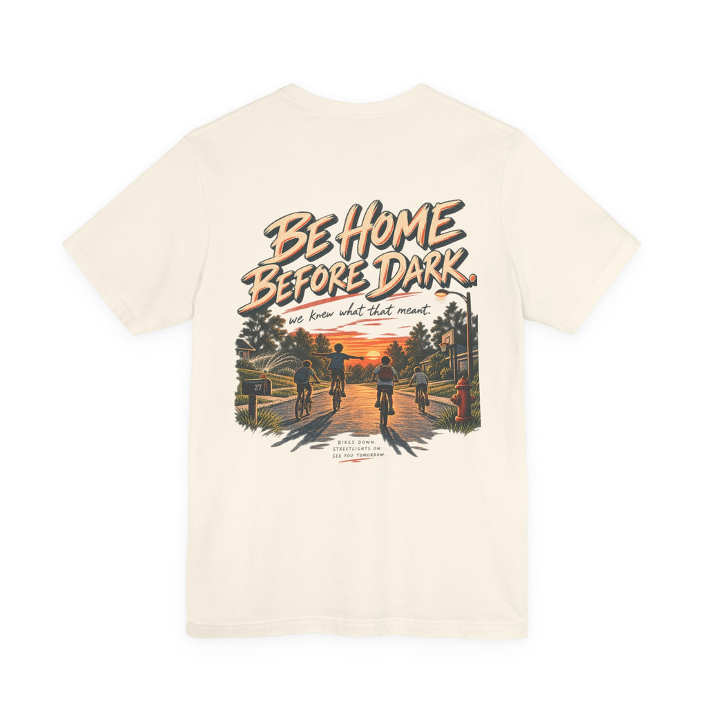 Be Home Before Dark T-Shirt — Vintage Kids Bike & Sunset Graphic Tee