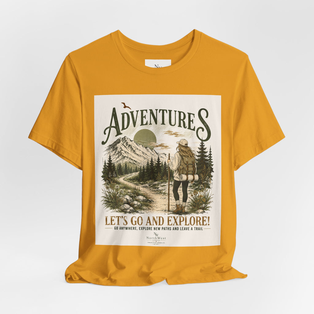 Adventures Hiking T-Shirt — "Let's Go and Explore" Vintage Outdoor Graphic Tee