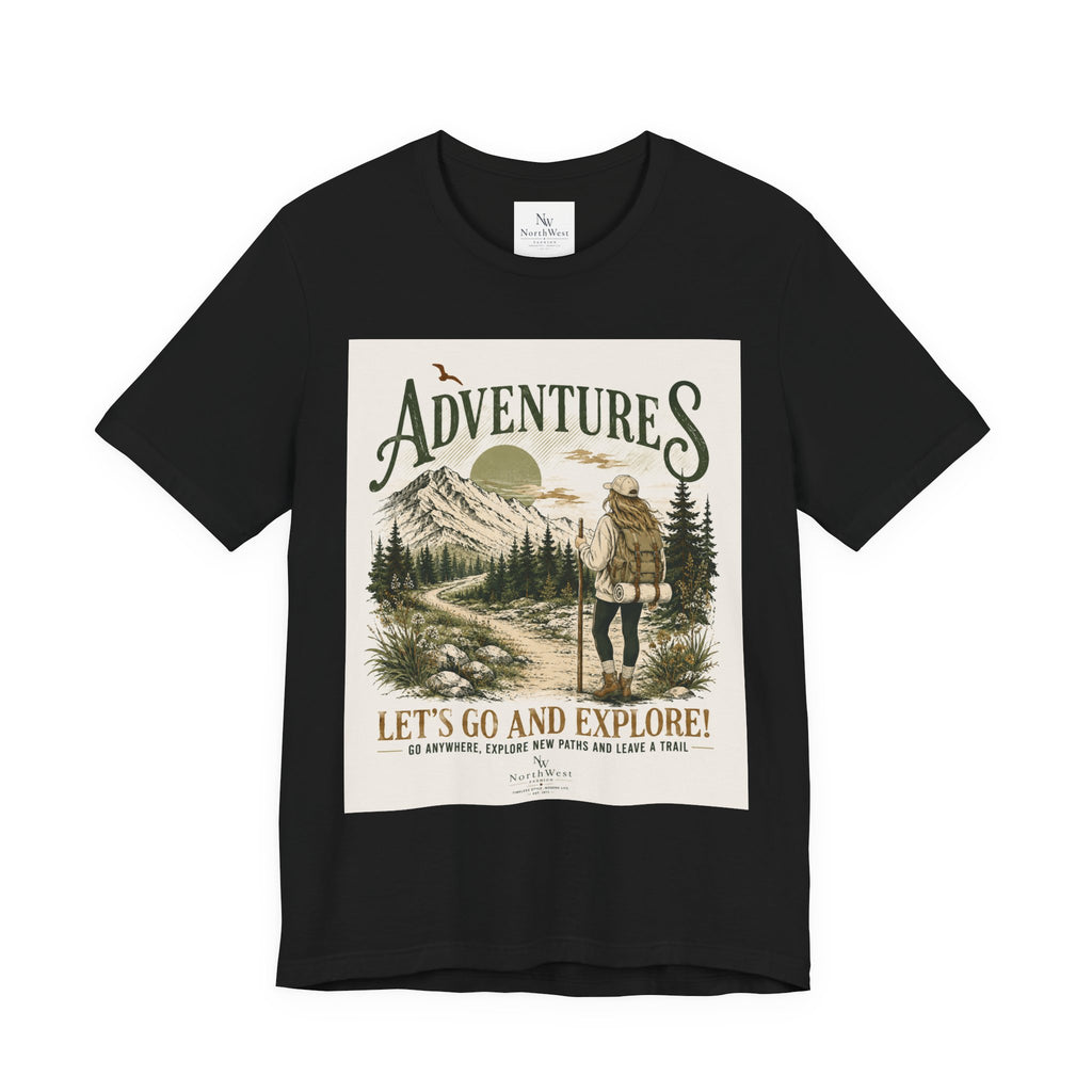 Adventures Hiking T-Shirt — "Let's Go and Explore" Vintage Outdoor Graphic Tee