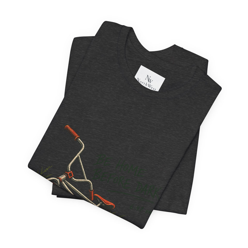 Be Home Before Dark T-Shirt — Vintage Kids Bike & Sunset Graphic Tee