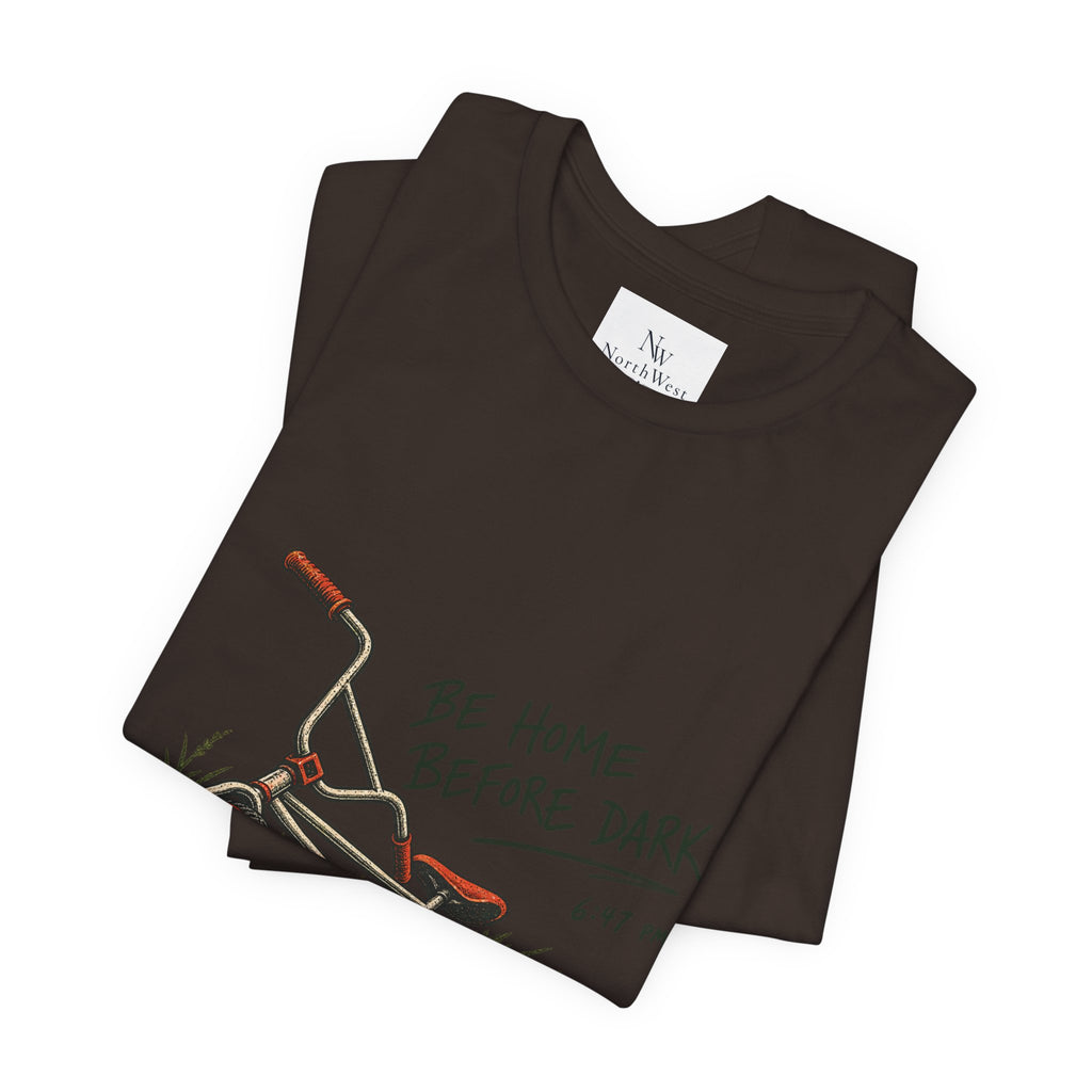 Be Home Before Dark T-Shirt — Vintage Kids Bike & Sunset Graphic Tee