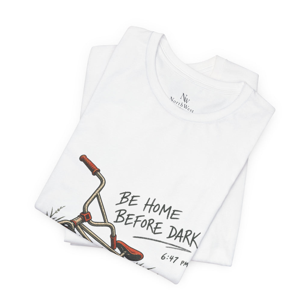 Be Home Before Dark T-Shirt — Vintage Kids Bike & Sunset Graphic Tee