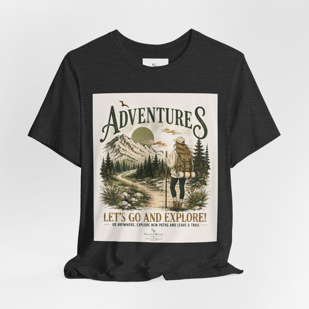 Adventures Hiking T-Shirt — "Let's Go and Explore" Vintage Outdoor Graphic Tee