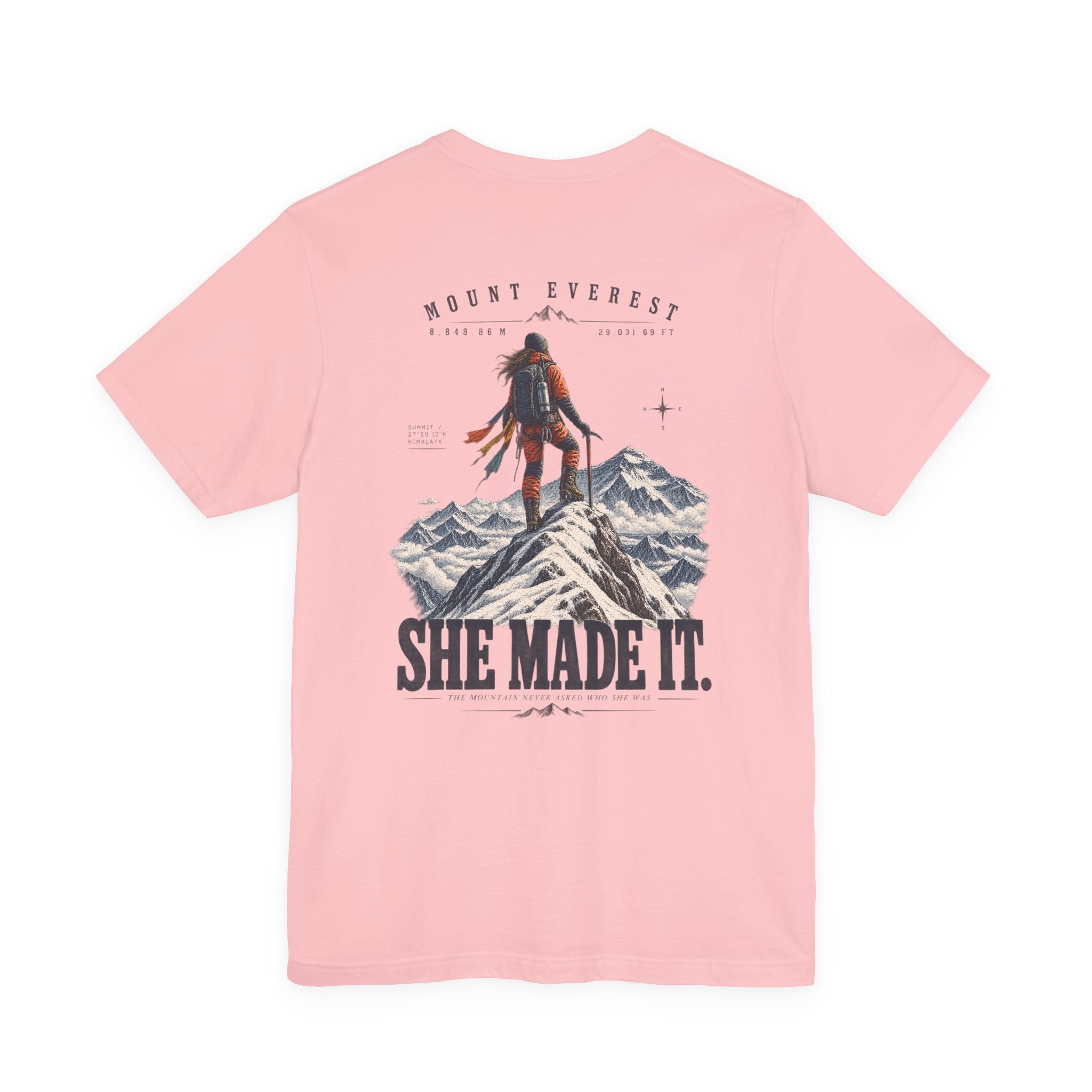 Everest Climber Tee — "She Made It" Mountain Summit Shirt (8848.86m)