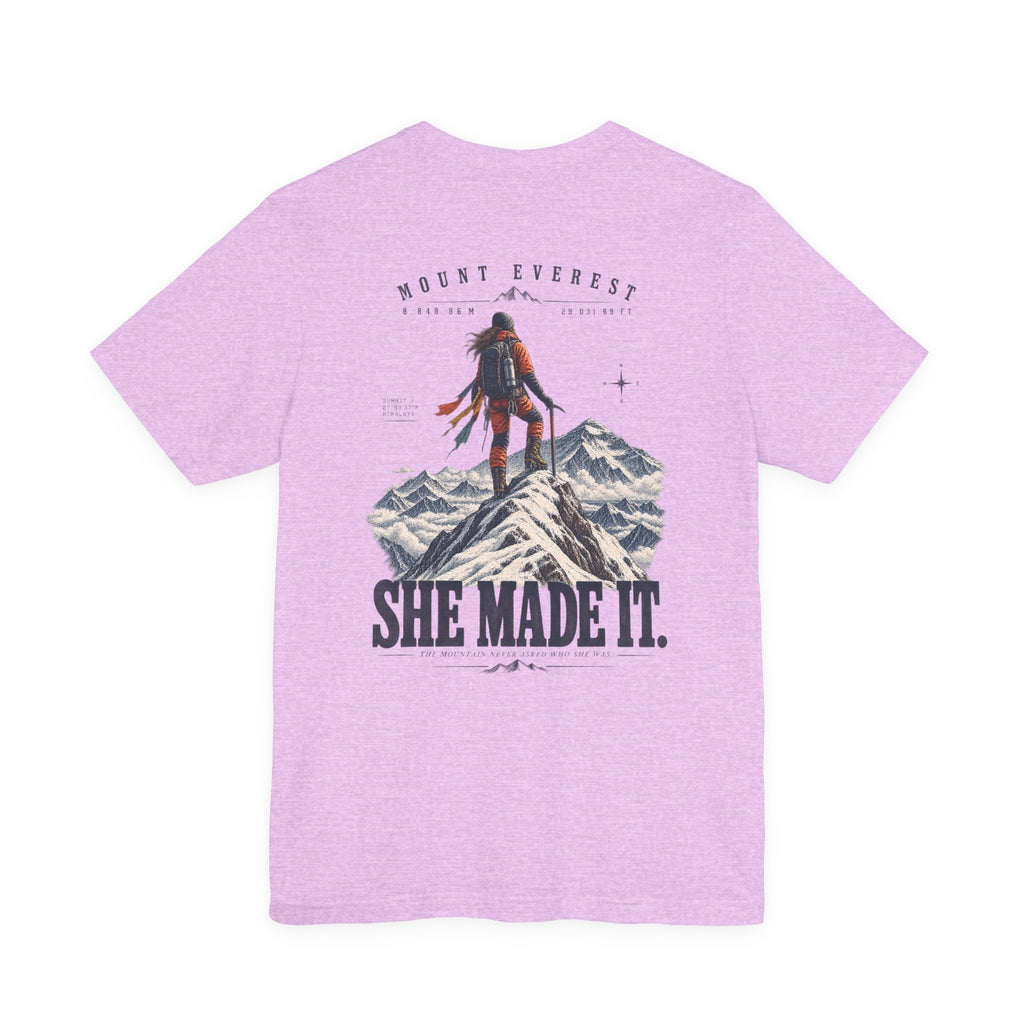 Everest Climber Tee — "She Made It" Mountain Summit Shirt (8848.86m)