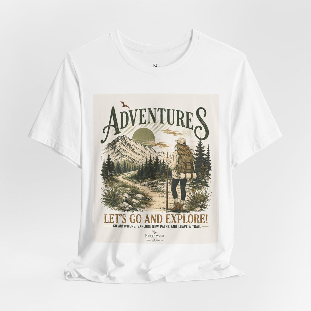 Adventures Hiking T-Shirt — "Let's Go and Explore" Vintage Outdoor Graphic Tee