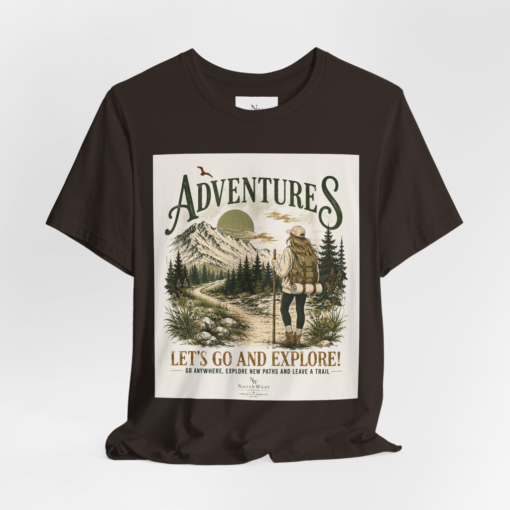 Adventures Hiking T-Shirt — "Let's Go and Explore" Vintage Outdoor Graphic Tee