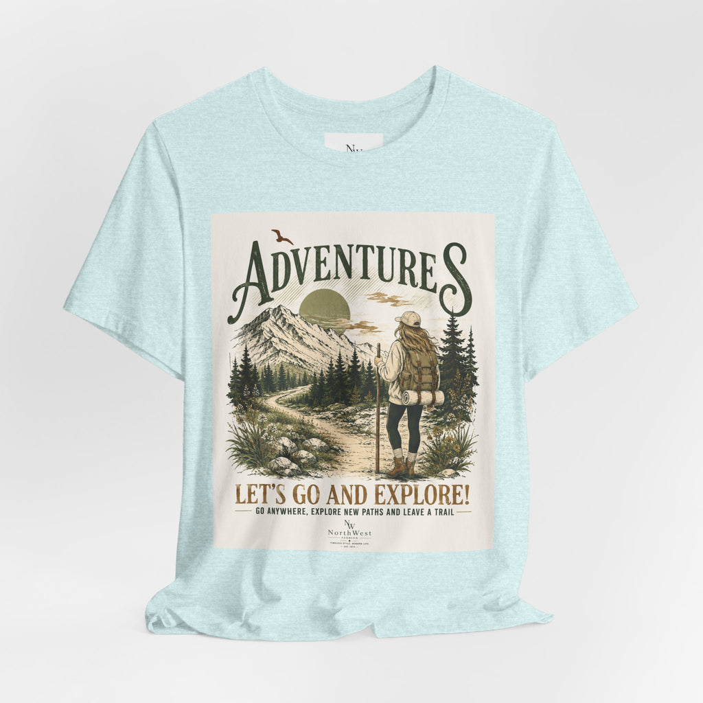 Adventures Hiking T-Shirt — "Let's Go and Explore" Vintage Outdoor Graphic Tee
