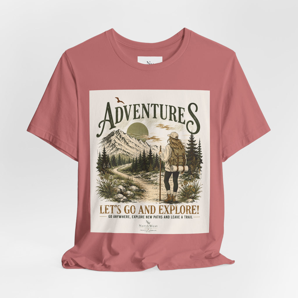 Adventures Hiking T-Shirt — "Let's Go and Explore" Vintage Outdoor Graphic Tee