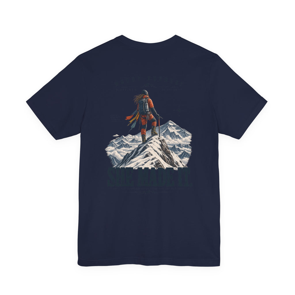 Everest Climber Tee — "She Made It" Mountain Summit Shirt (8848.86m)