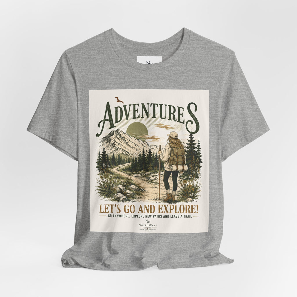 Adventures Hiking T-Shirt — "Let's Go and Explore" Vintage Outdoor Graphic Tee