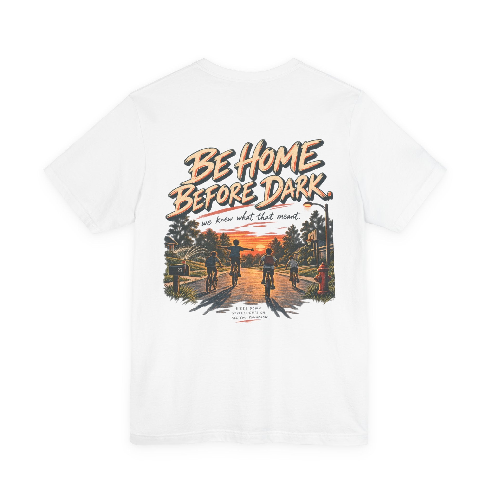 Be Home Before Dark T-Shirt — Vintage Kids Bike & Sunset Graphic Tee