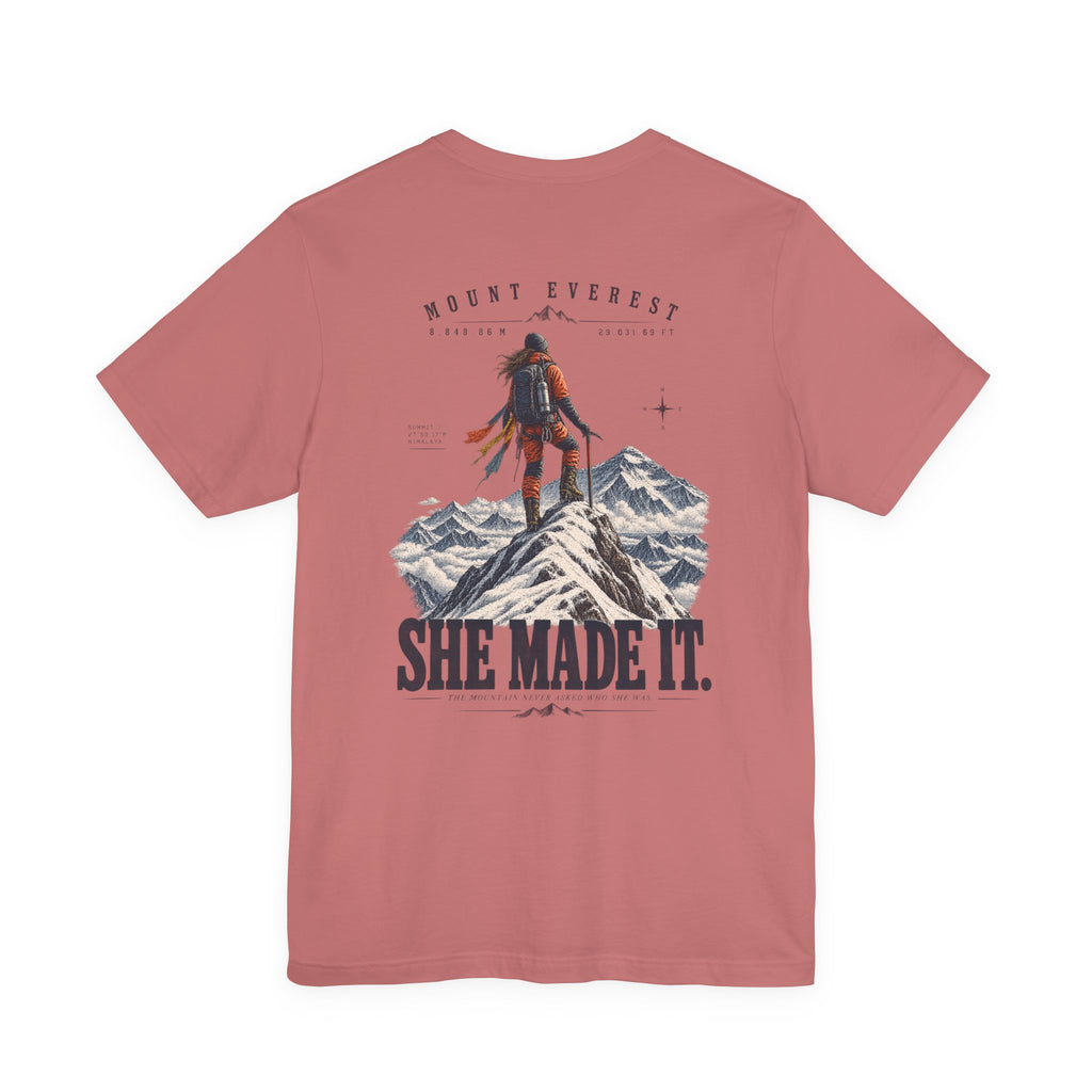 Everest Climber Tee — "She Made It" Mountain Summit Shirt (8848.86m)