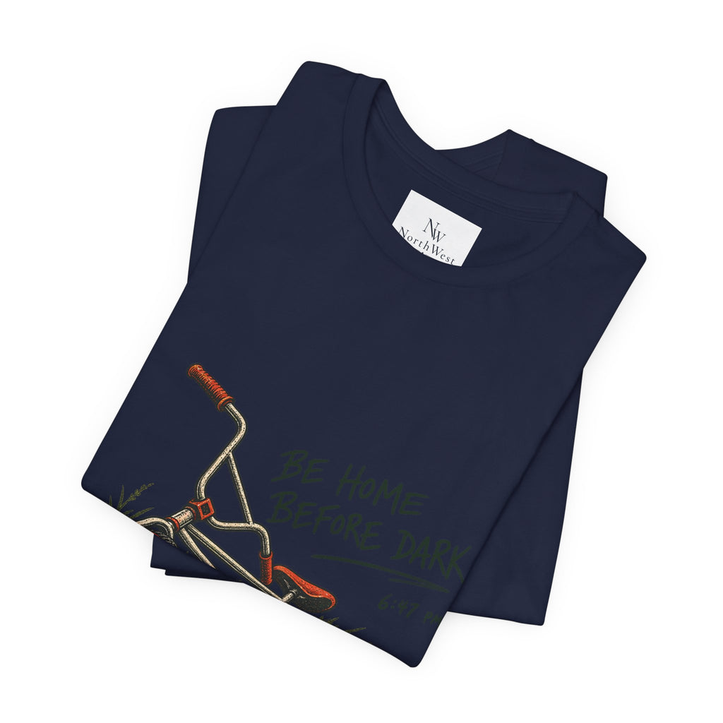 Be Home Before Dark T-Shirt — Vintage Kids Bike & Sunset Graphic Tee