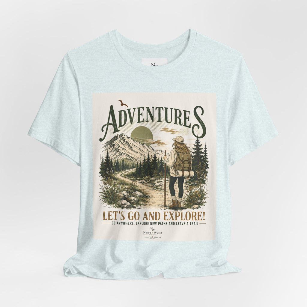 Adventures Hiking T-Shirt — "Let's Go and Explore" Vintage Outdoor Graphic Tee