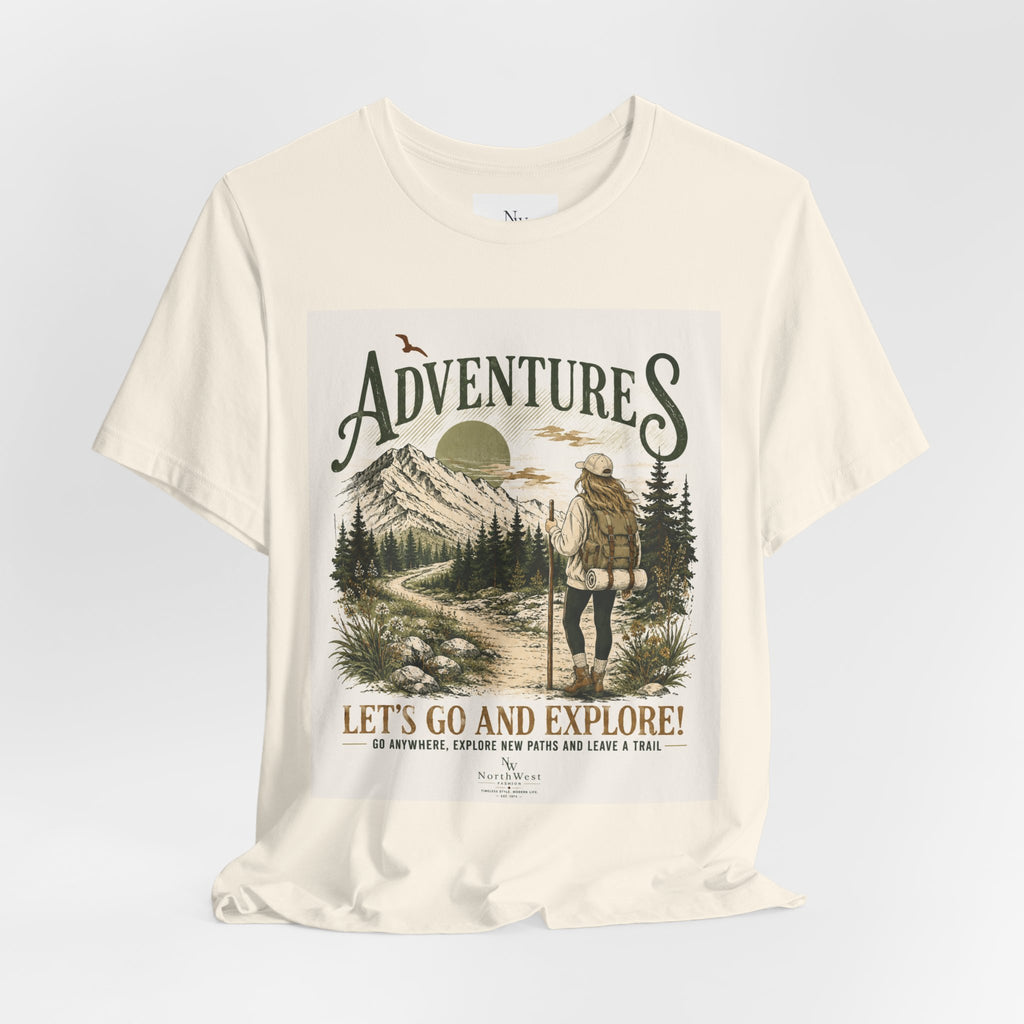 Adventures Hiking T-Shirt — "Let's Go and Explore" Vintage Outdoor Graphic Tee