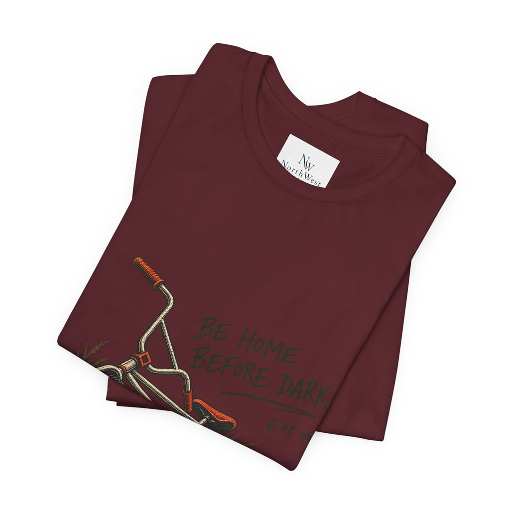 Be Home Before Dark T-Shirt — Vintage Kids Bike & Sunset Graphic Tee