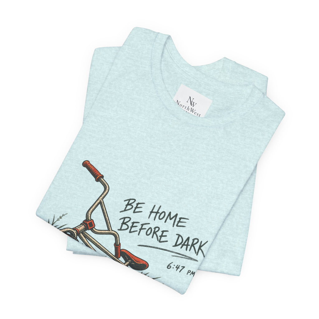 Be Home Before Dark T-Shirt — Vintage Kids Bike & Sunset Graphic Tee