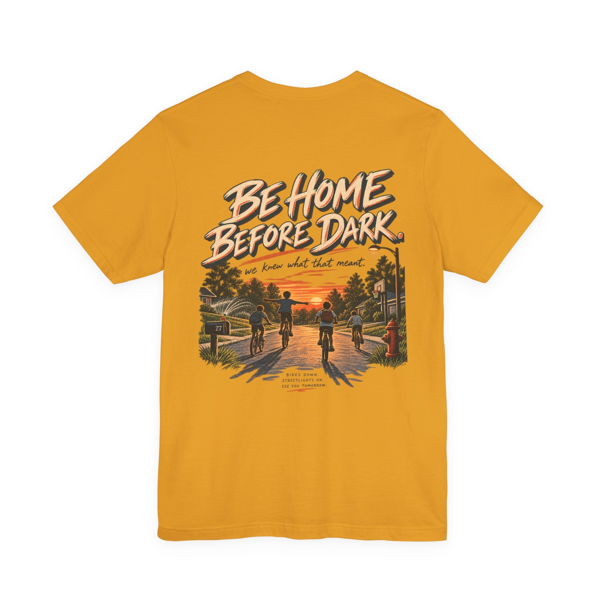 Be Home Before Dark T-Shirt — Vintage Kids Bike & Sunset Graphic Tee